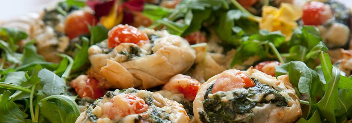 Filo parcels with cherry tomatoes and rocket, made upstairs that morning.